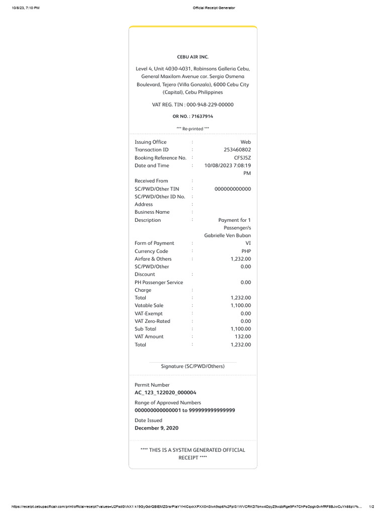 Official Receipt Baggage PDF Receipt Financial Services