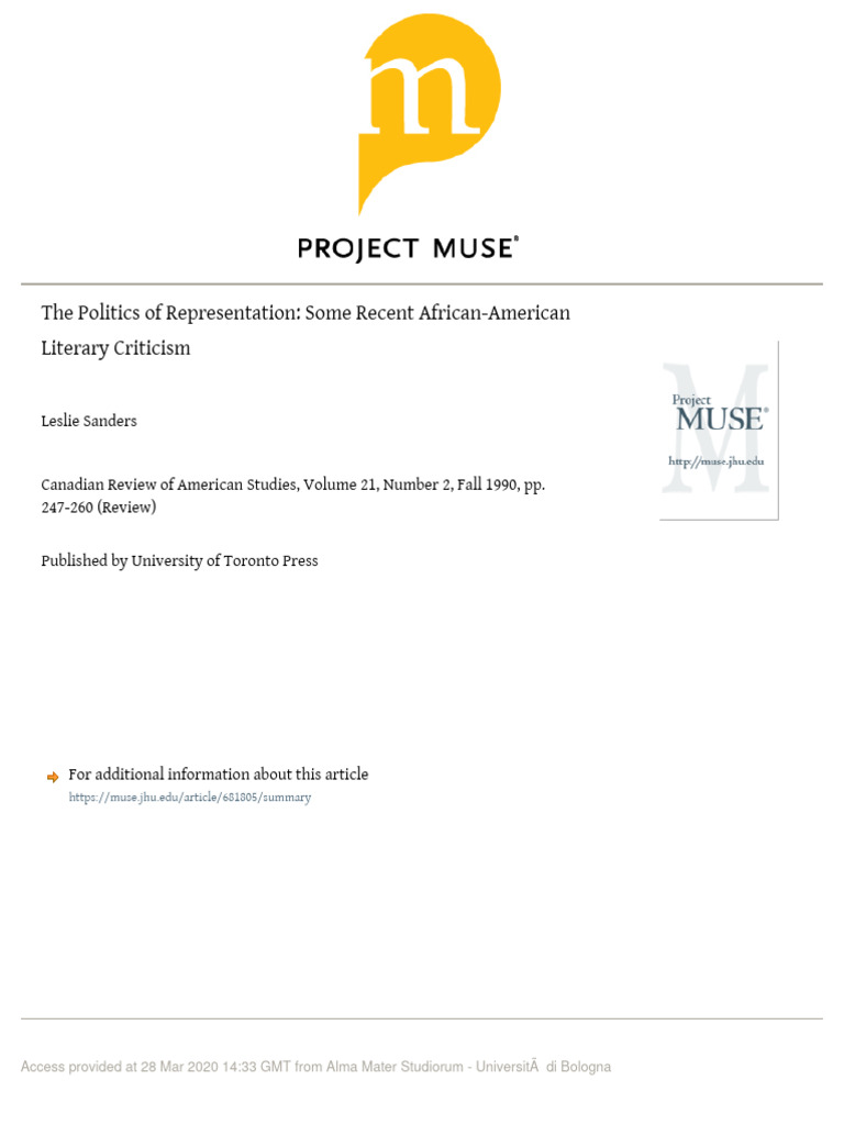 The Politics Of Representation Some Recent African American Literary