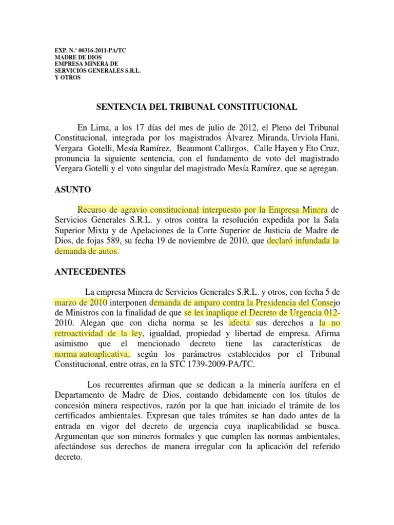 5.4 Sentencia Del TC 00316-2011-PA | PDF | Ley procesal | Caso de ley