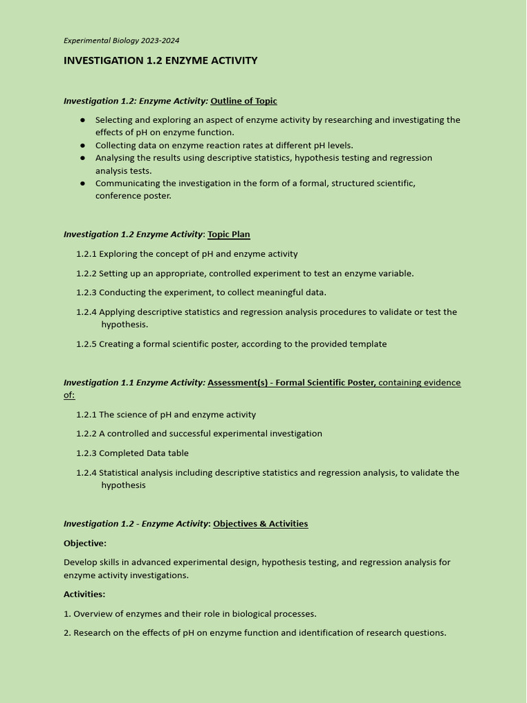 Topic 1.2 Investigating The Activity of Enzymes PDF Statistics