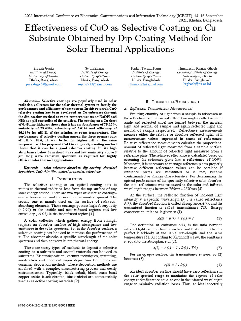 Effectiveness of Cuo As Selective Coating On Cu Substrate Obtained by ...