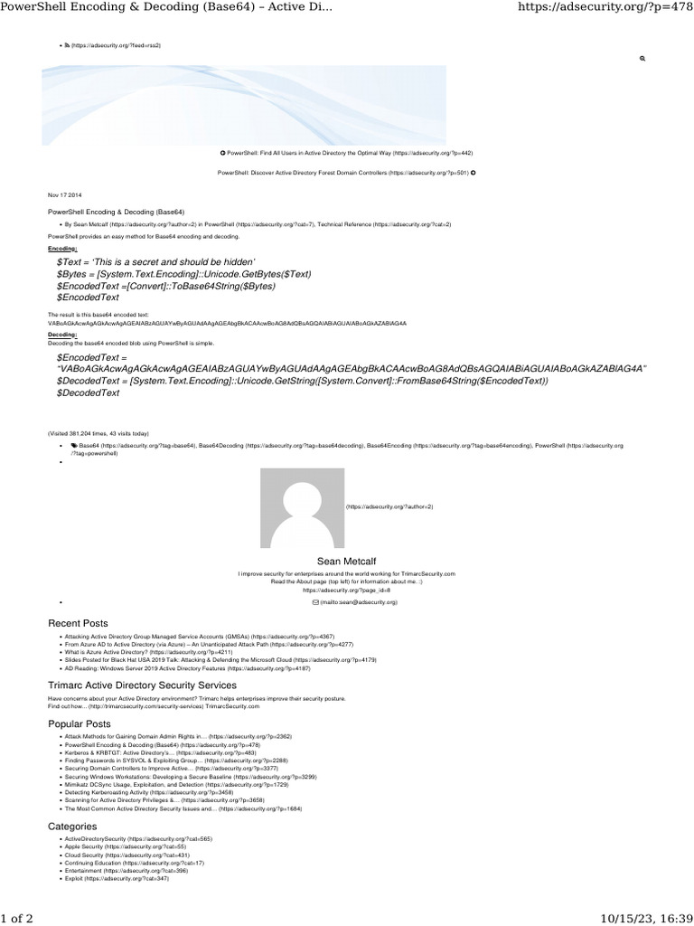 PowerShell Encoding & Decoding (Base64) Active Directory Security PDF