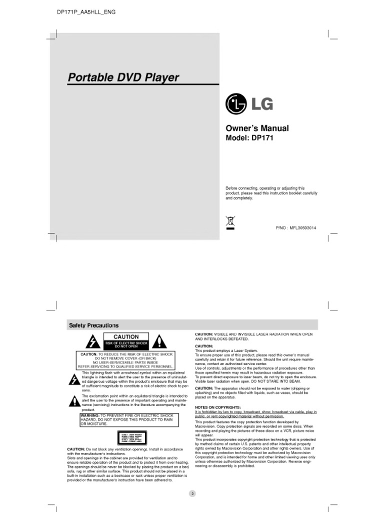 LG DVD Player DP171P AA5HLL 3014 PDF Rechargeable Battery Ac