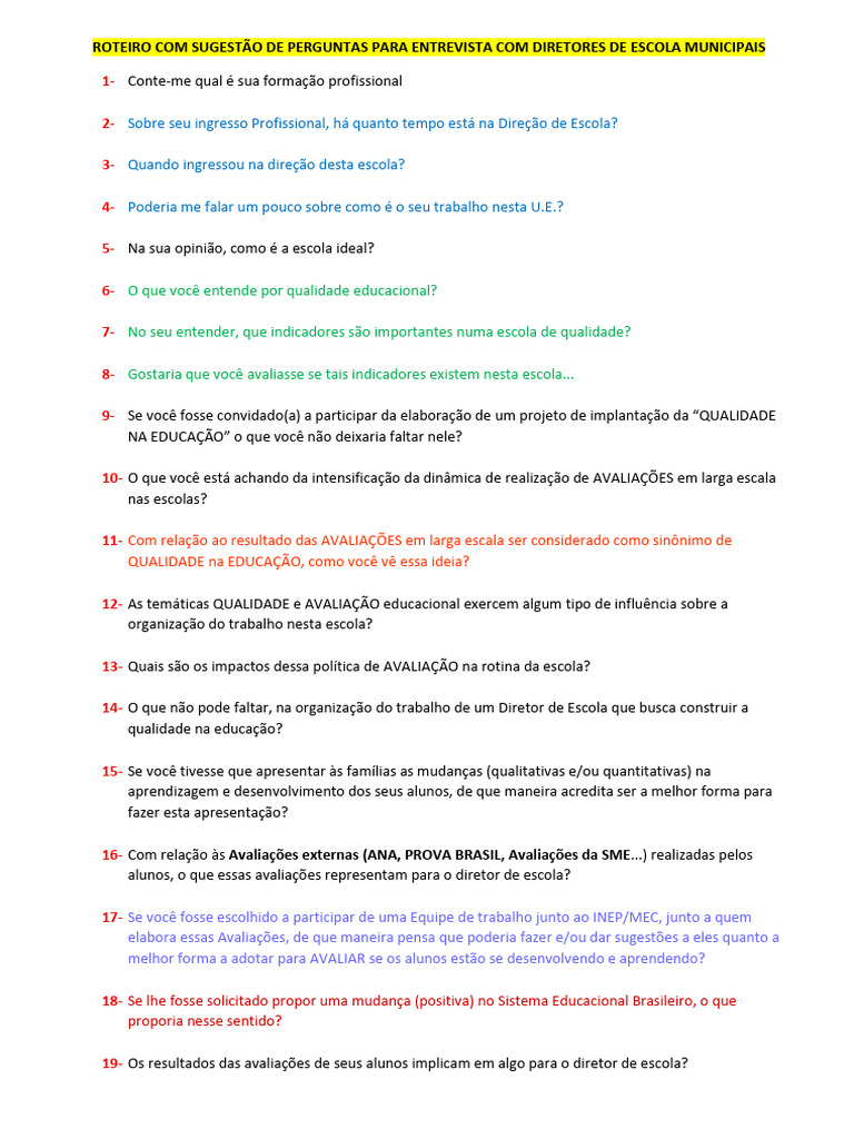 Perguntas para Entrevista com Diretores escolares | PDF | Escolas ...