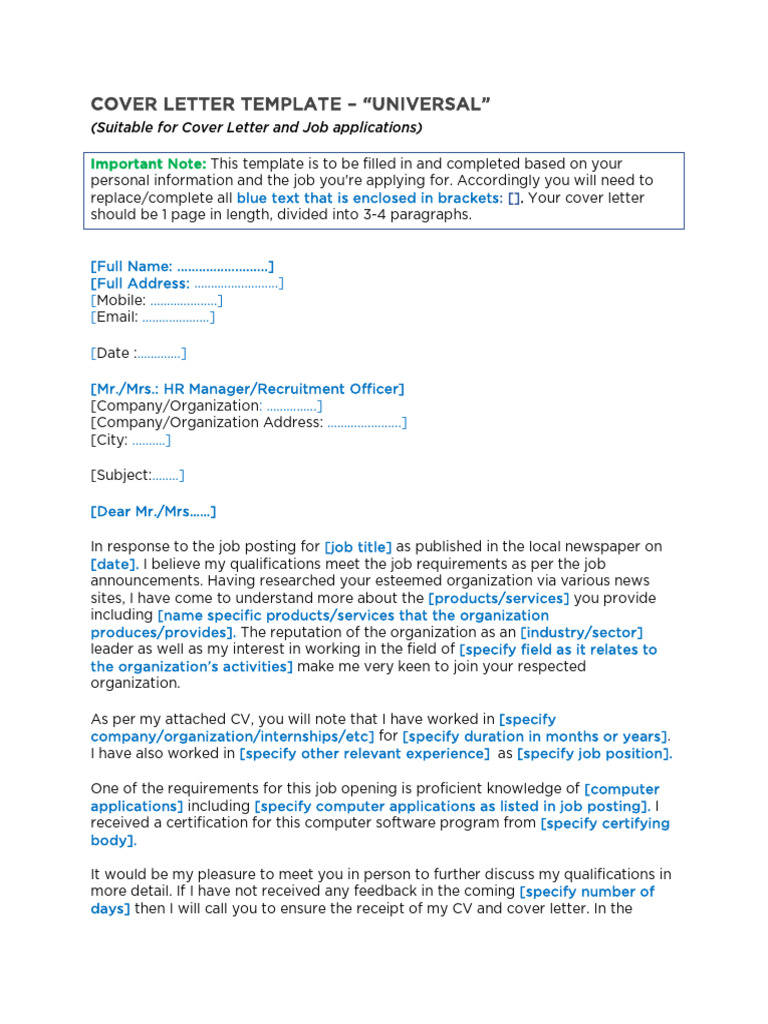 Universal Cover Letter Template PDF
