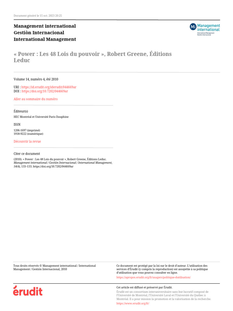 Power Les 48 Lois Du Pouvoir, Robert Greene, Éditions Leduc PDF