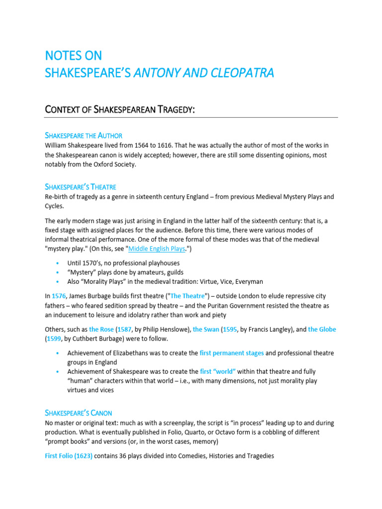 Notes On Shakespeares Antony and Cleopat | PDF | William Shakespeare ...