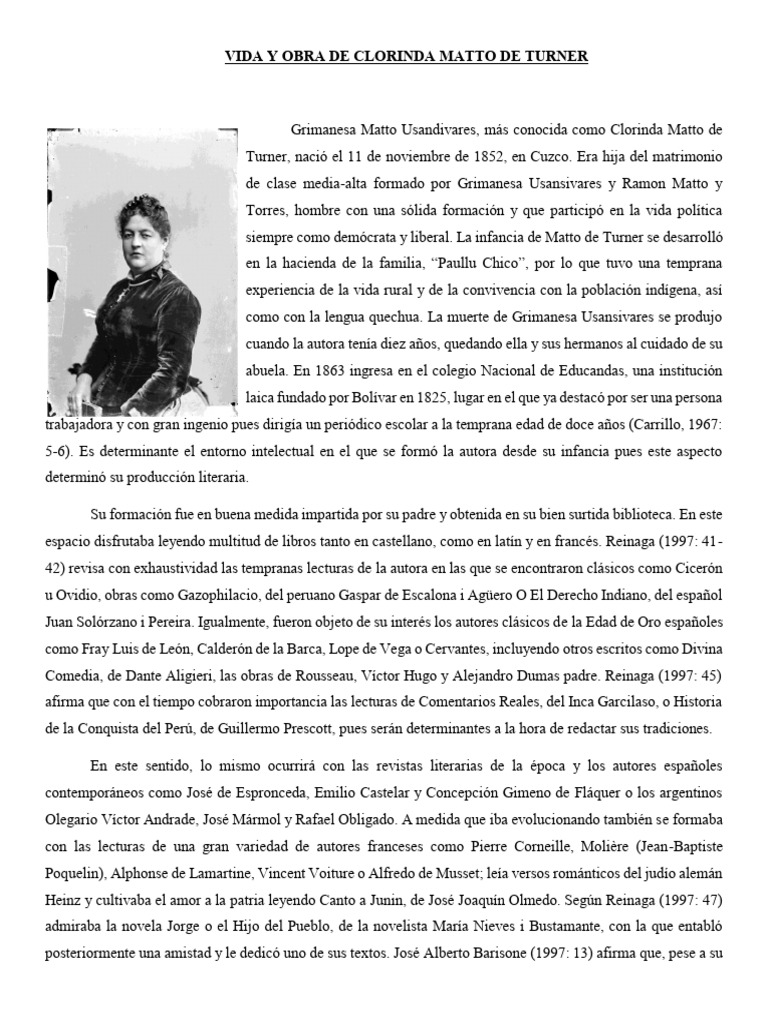 Vida Y Obra De Clorinda Matto De Turner Pdf Perú