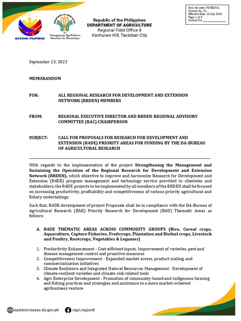 R4DE Funding Proposal Call for RRDEN Members | PDF | Agriculture ...