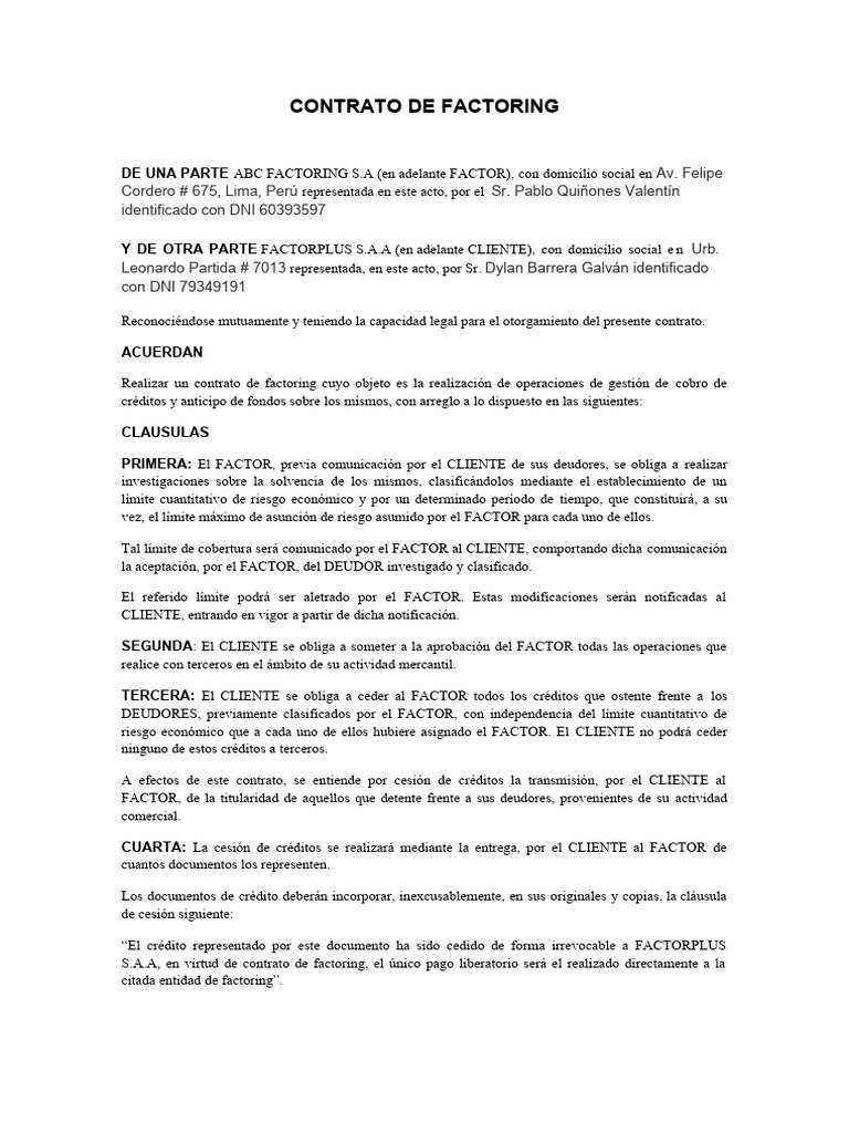 Contrato de Factoring entre ABC y FactorPlus | PDF | Liquidación | Pagos