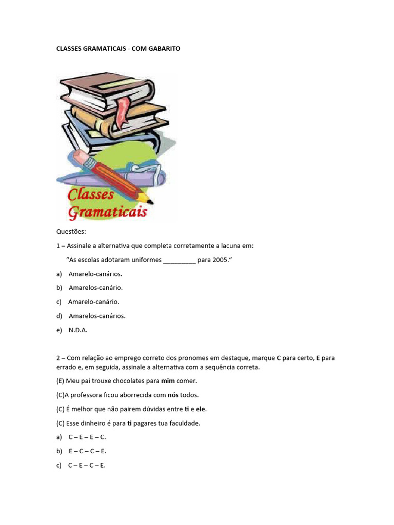 Classes Gramaticais | PDF | Assunto (gramática) | Predicado (gramática)