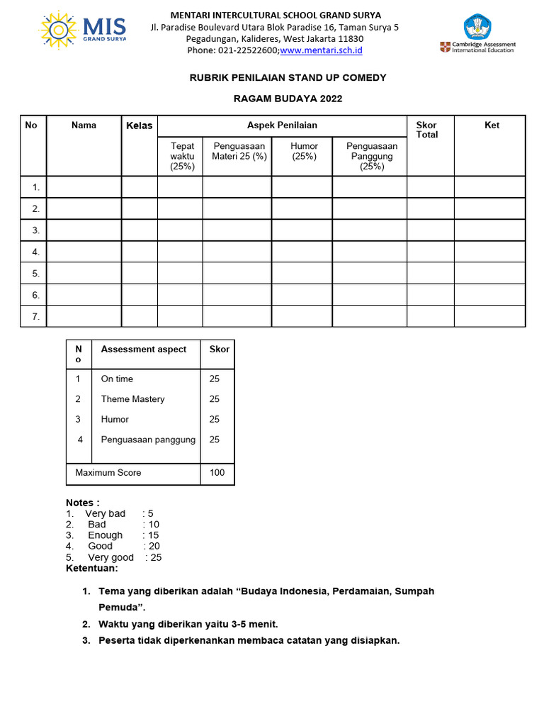 Rubrik Penilaian Stand Up Comedy PDF