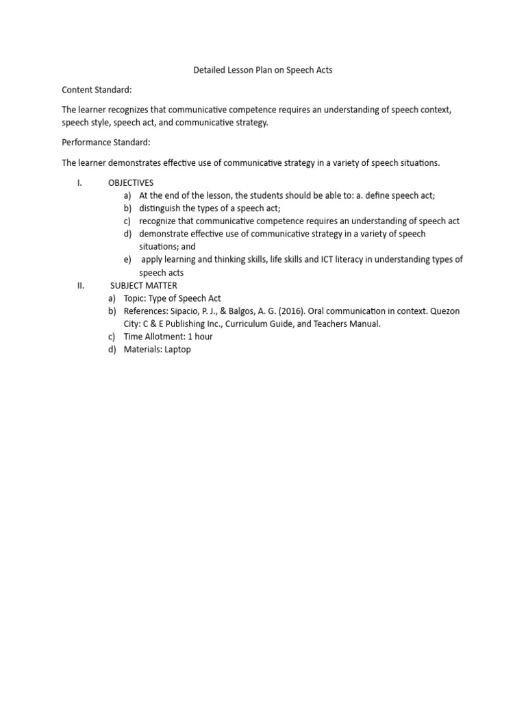 Speech Act Lesson Plan Overview | PDF