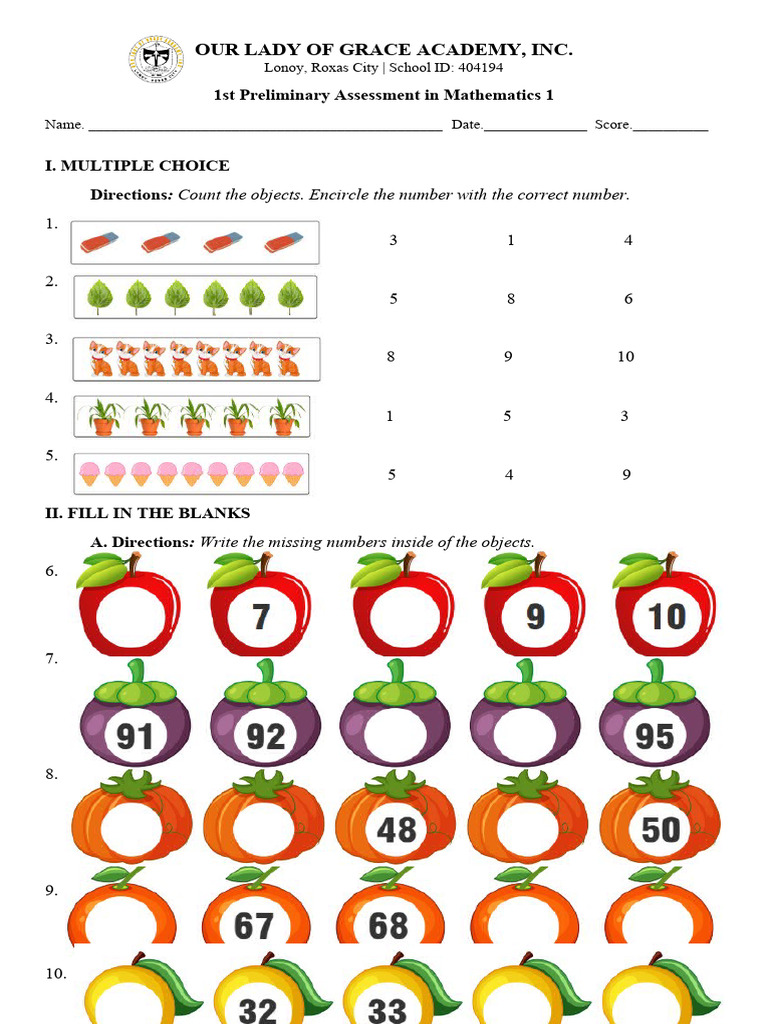Math Assessment for Grade 1 Students | PDF | Teaching Methods & Materials
