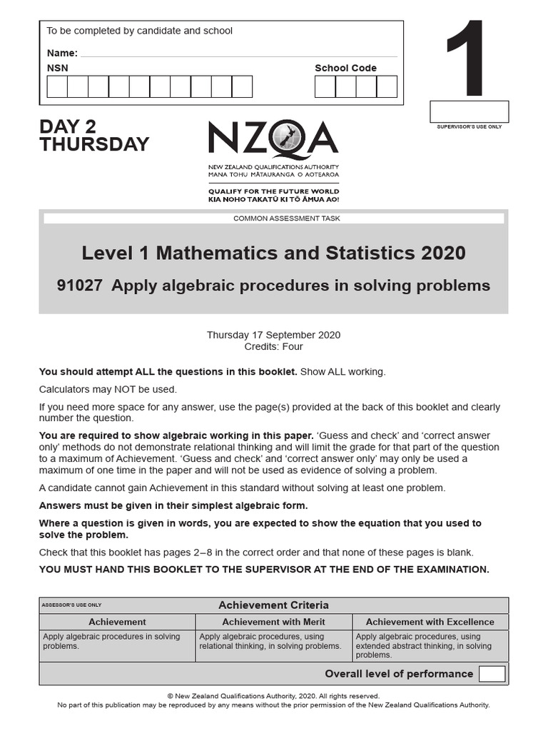 Level 1 Algebra Exam Questions 2020 | PDF | Area | Geometry