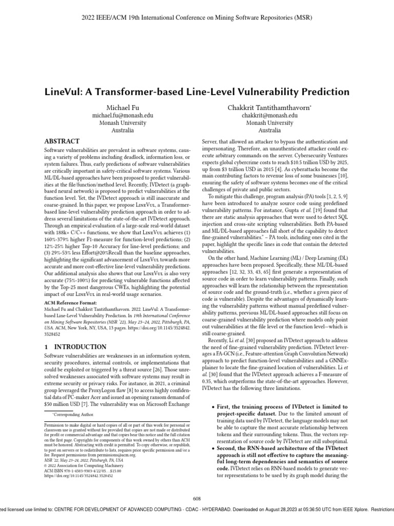 LineVul A TransformerBased LineLevel Vulnerability Prediction PDF