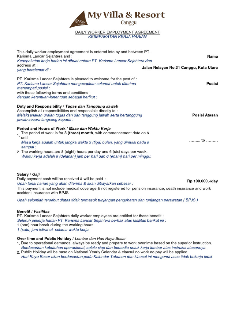 Perjanjian kerja daily worker pdf