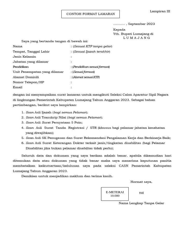 2 Contoh Format Lamaran P3K | PDF