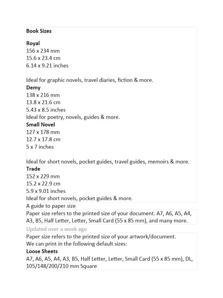 Book Sizes PDF Paper Stationery