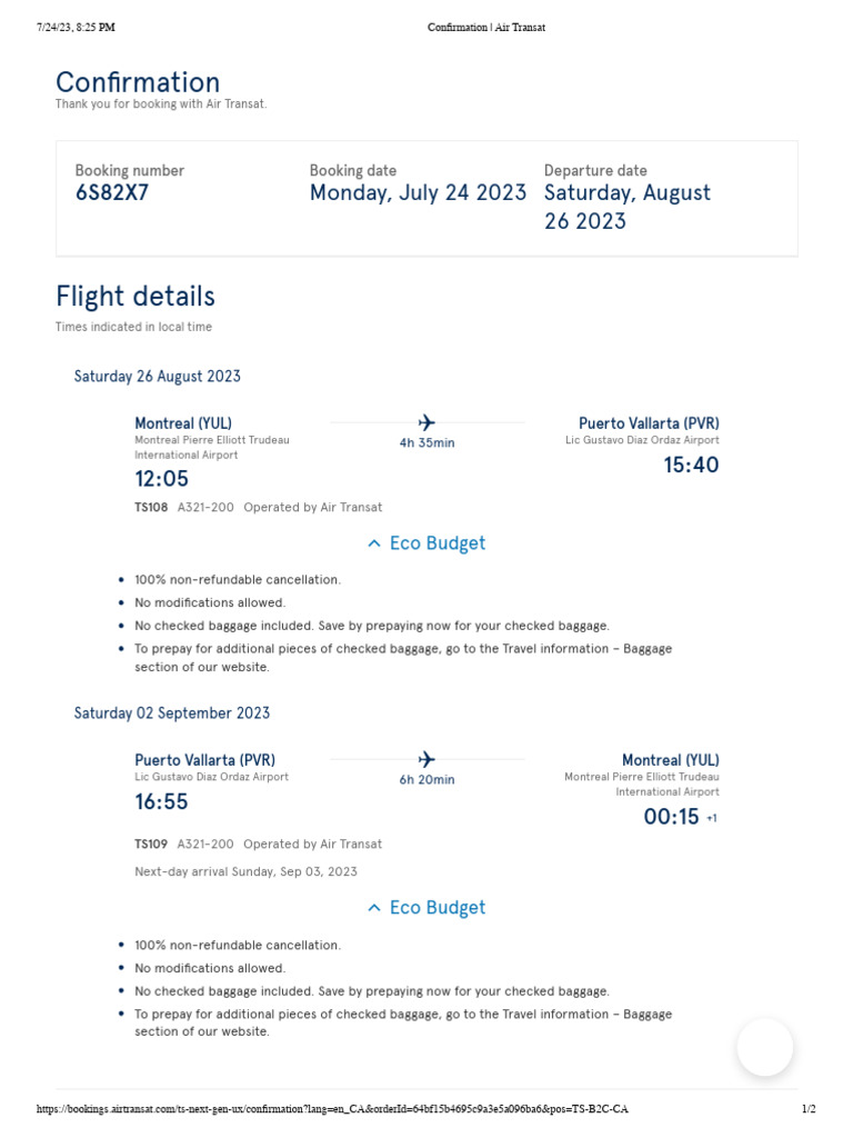 Air Transat Flight Confirmation Details | PDF