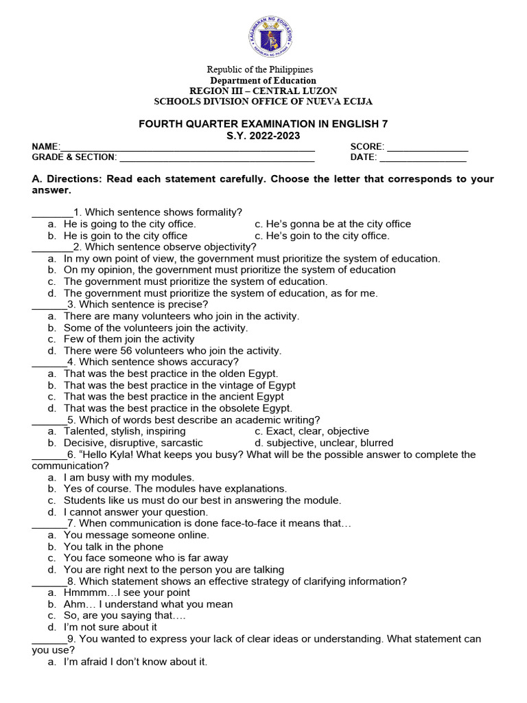 ENGLISH 7 4th Quarter Exam PDF