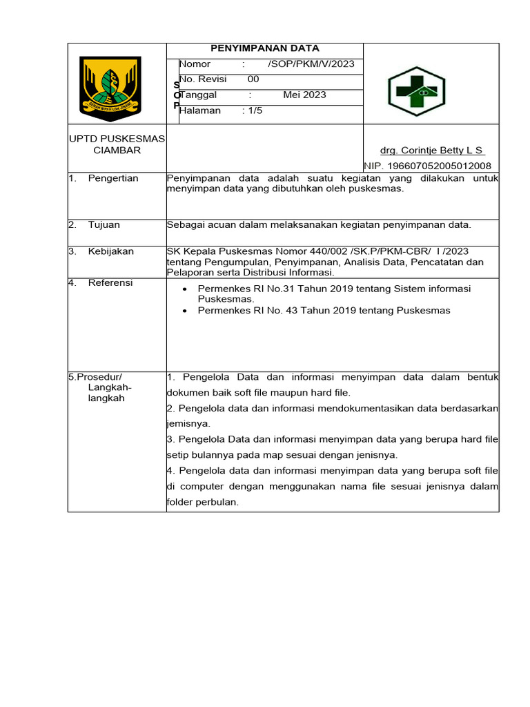 SOP Penyimpanan Data Puskesmas | PDF