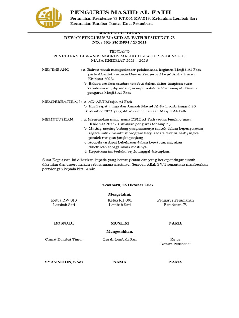 Draft Sk Pengurus Masjid Pdf