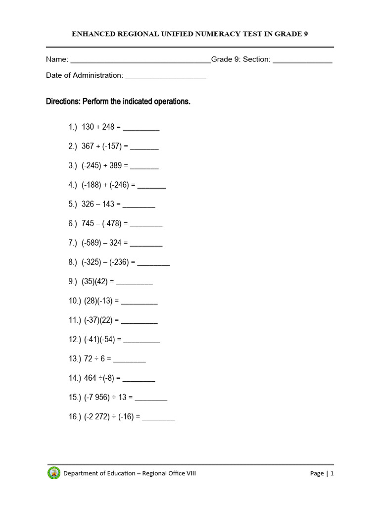 Grade 9 Enhanced Numeracy Test | PDF