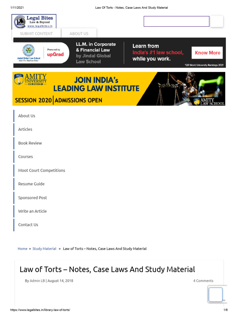 Law of Torts - Notes, Case Laws and Study Material | PDF | Tort | Trespass