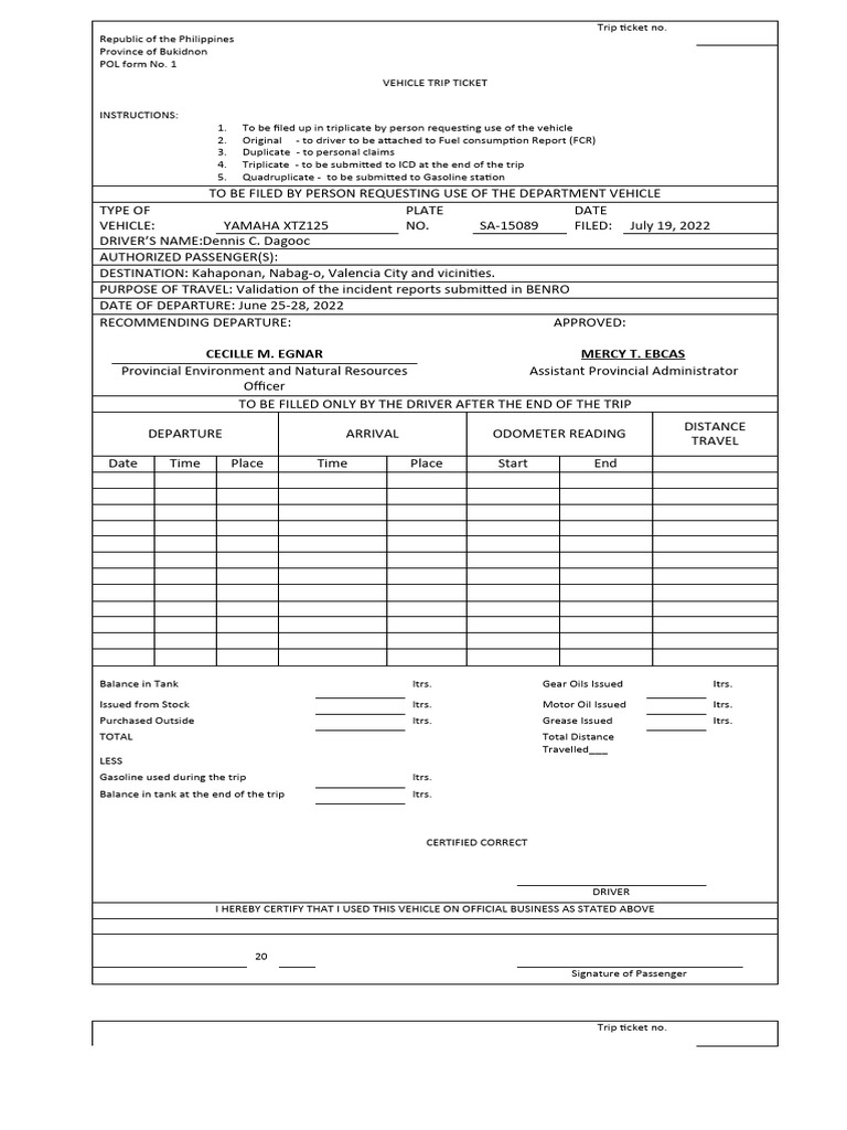 Trip ticket sir dagooc pdf vehicles filling station