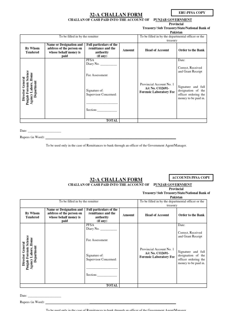 32-A Challan Form for Punjab Government | PDF | Money | Banks