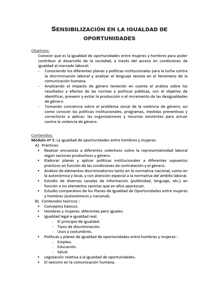Sensibilización en Igualdad de Oportunidades | PDF | Estudios de género ...