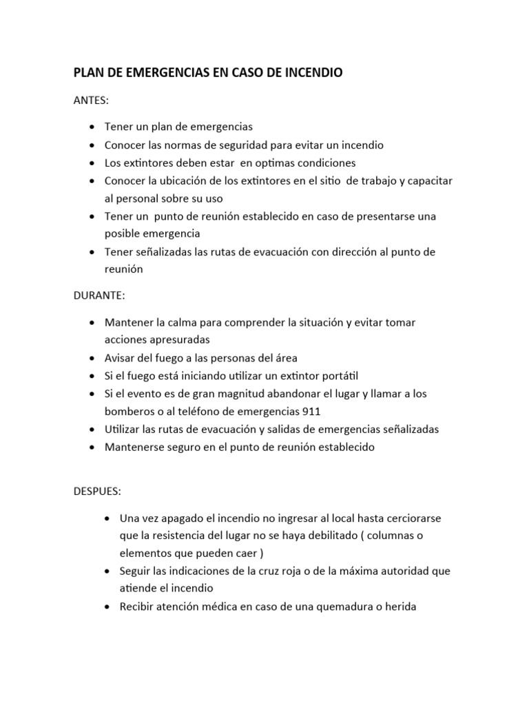 Plan de Emergencias en Caso de Incendio | PDF