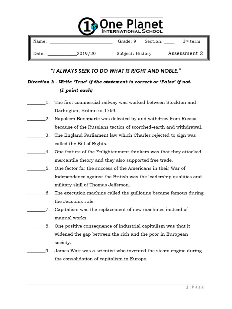 Grade 9History Assessment 2 PDF French Revolution