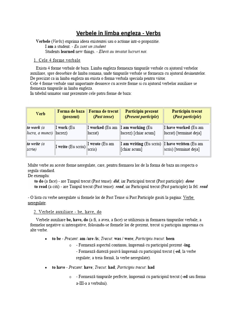 Verbele in Limba Engleza - Verbs - Notiuni Introductive | PDF