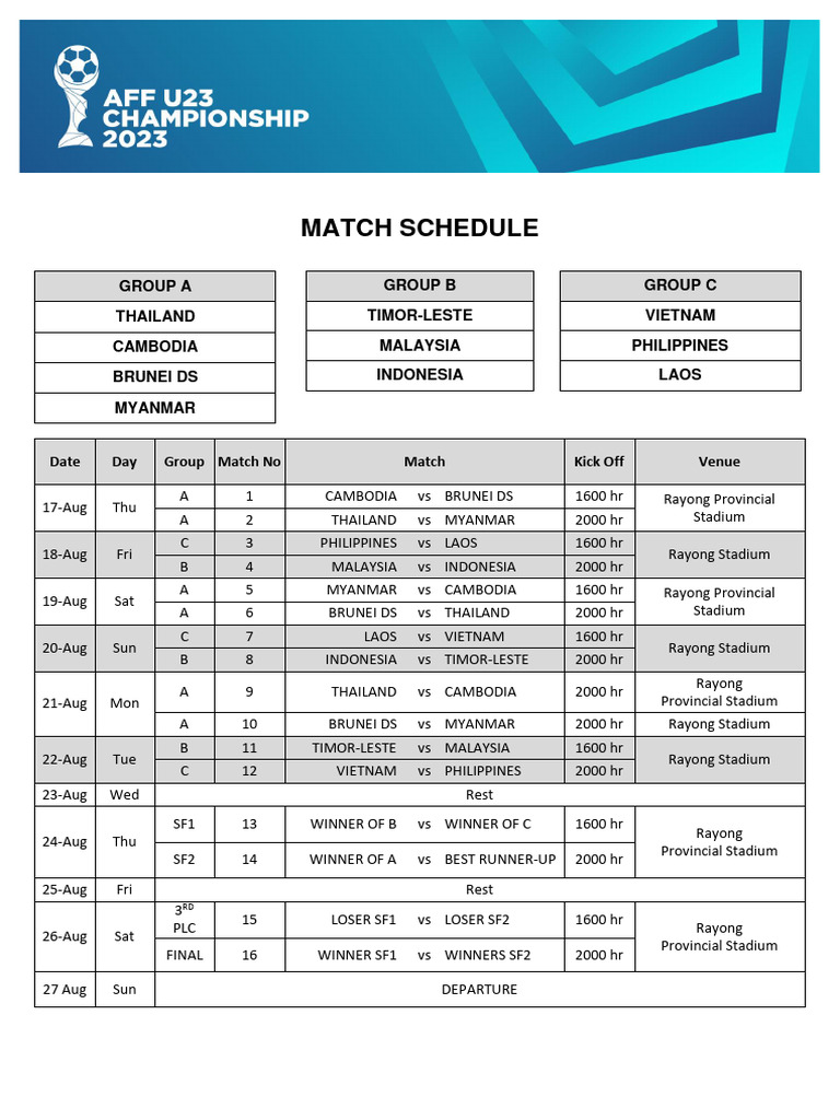 AFF U23 Championship 2023 Match Schedule PDF Sports Teams