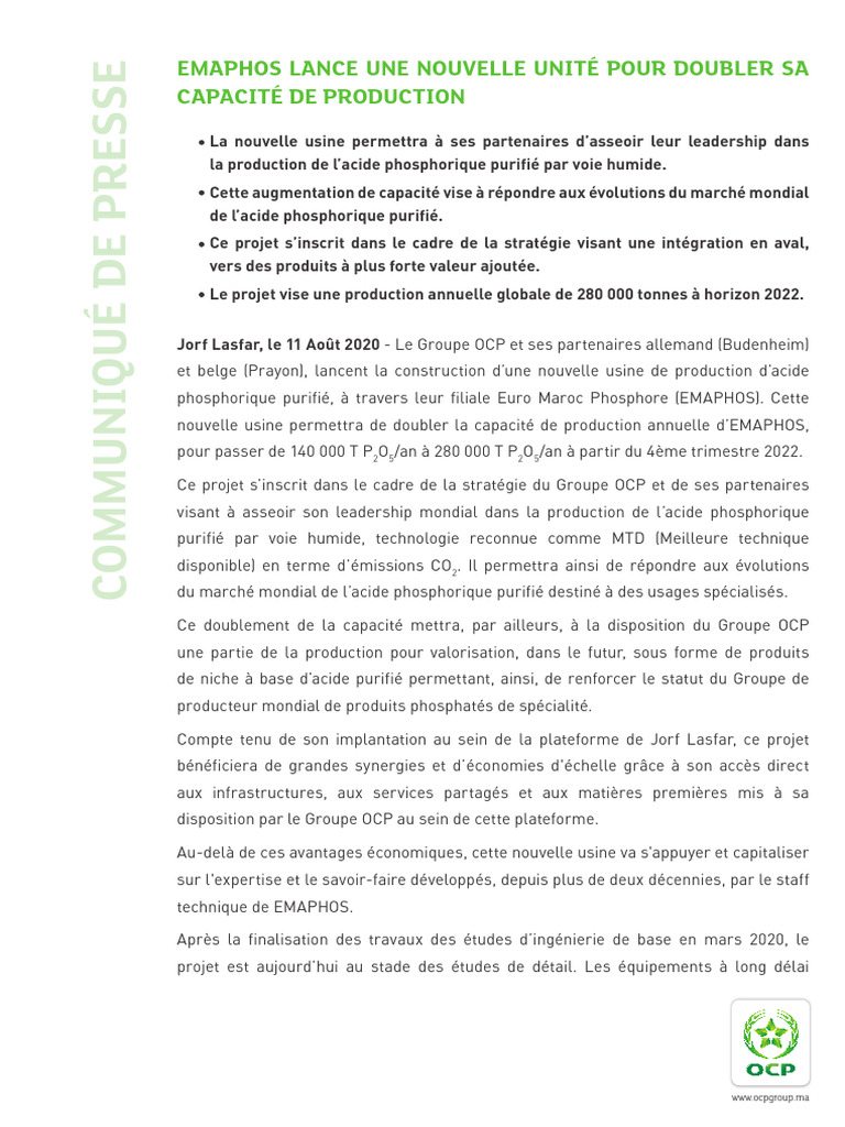 Nouvelle usine EMAPHOS : doublement de capacité | PDF | Économie
