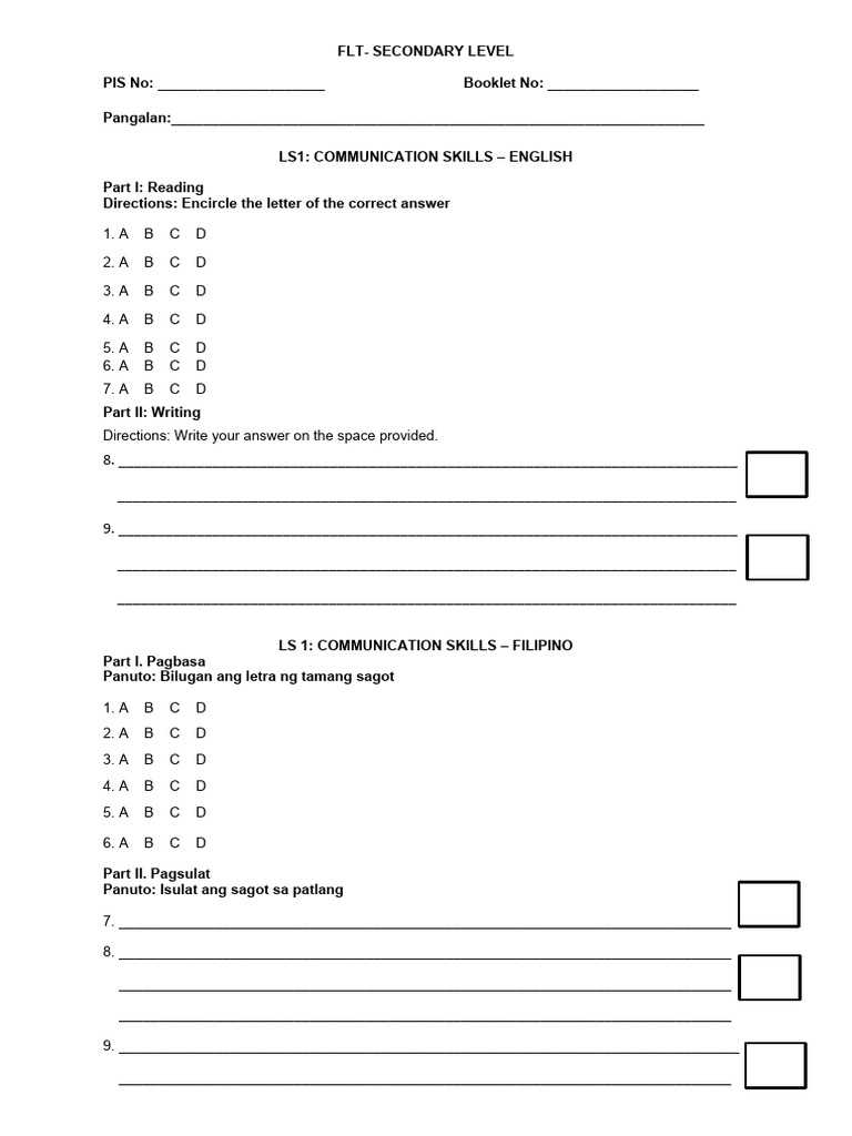 Answer Sheet FLT JHS PDF Literacy Learning