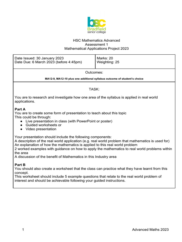 HSC Advanced Maths Project 2023 | PDF | Mathematics | Concept