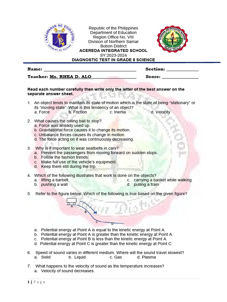 Grade 8 Science Diagnostic Test | PDF | Teaching Methods & Materials ...