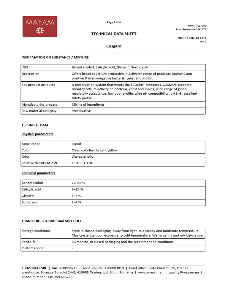 Cosgard Cons M-1271 - TDS | PDF | Colony Forming Unit | Shelf Life