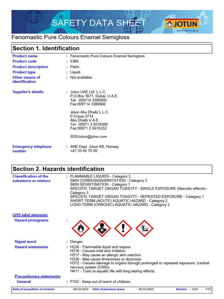 SDS 5380 Fenomastic Pure Colours Enamel Semigloss Euk AE | PDF