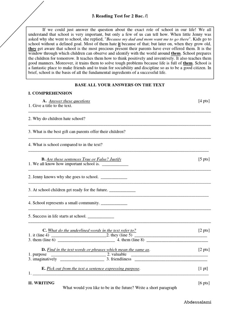 2 Bac Reading Test s1 21 PDF