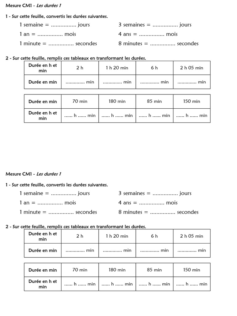 Calcul De Durée Cm1 Exercices Pdf CM1-Les-durees-Exercices | PDF