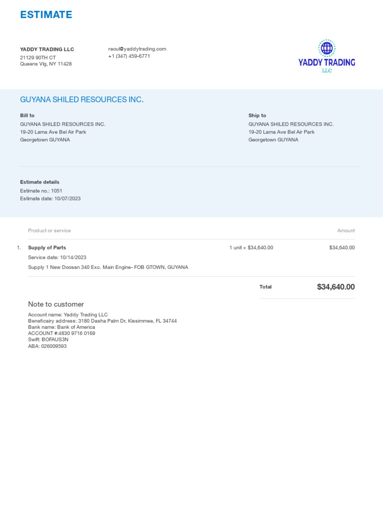 Estimate 1051 From Yaddy Trading LLC | PDF