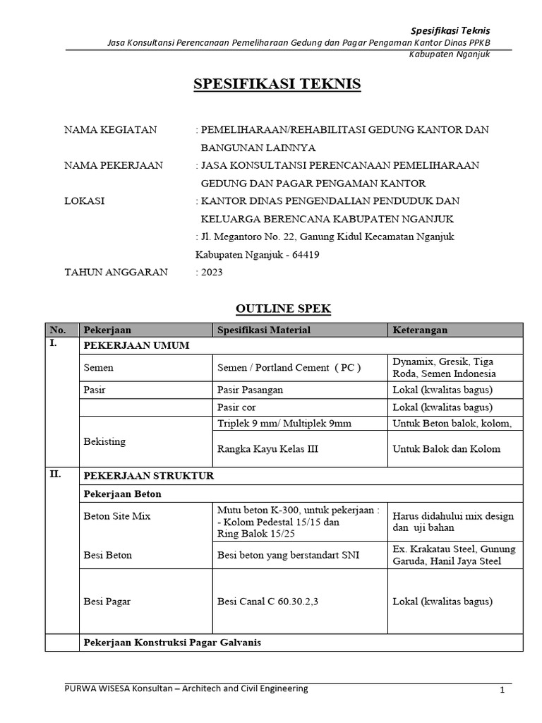 SPEKTEK Pemeliharaan Gedung Bidang Pembangunan Keluarga | PDF