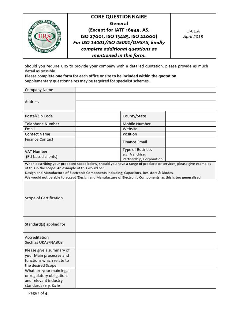 O-01.A Core Questionnaire General April 2018 (02-06-19) | PDF ...