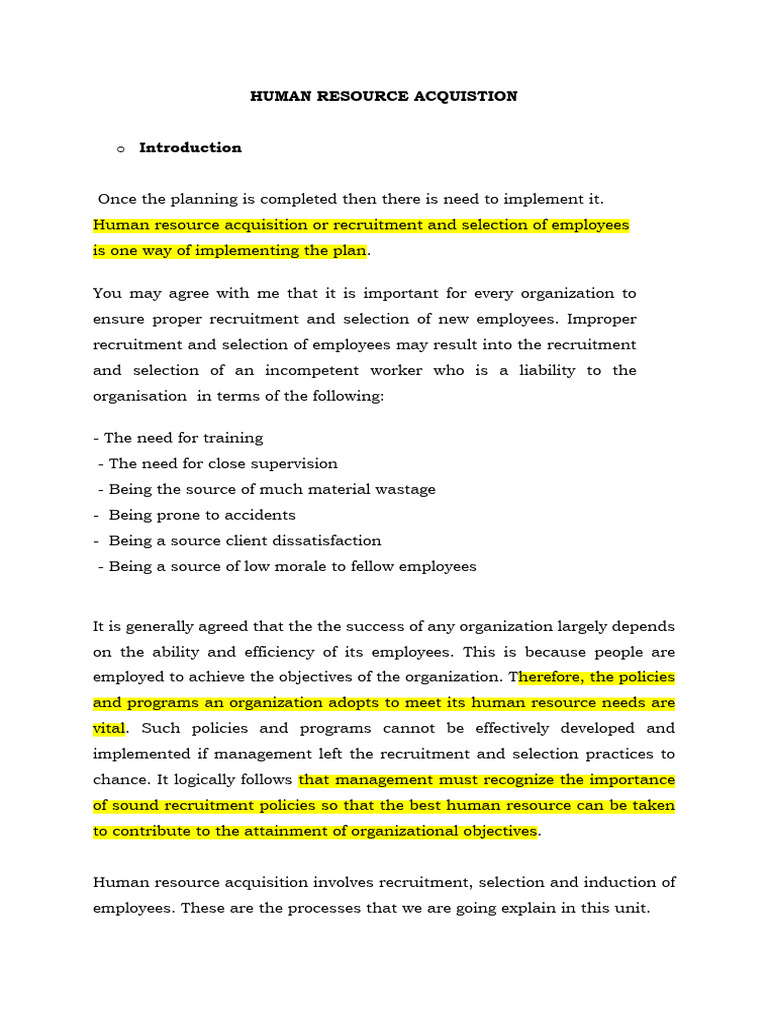 Human Resource Acquisition Guide | PDF | Recruitment | Labour Economics