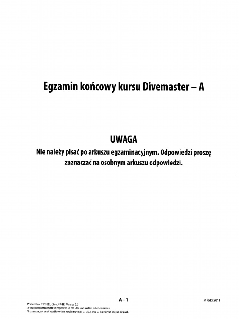 Dive Master Exam Form A PDF