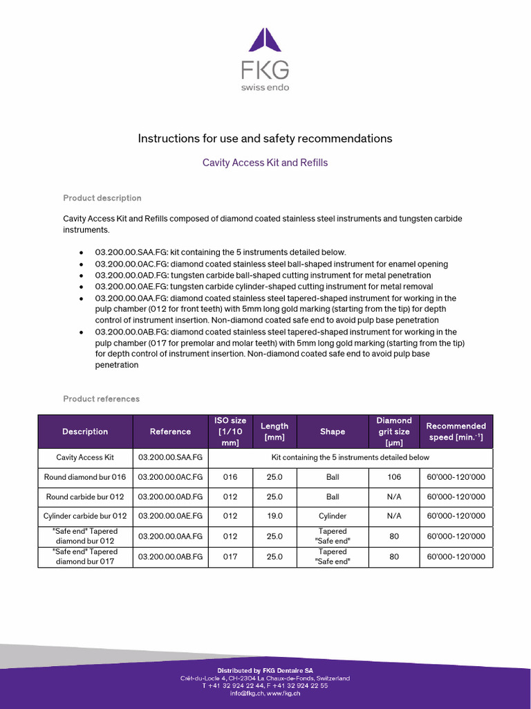 FKG Cavity Access Kit Ifu PDF Sterilization (Microbiology) Corrosion